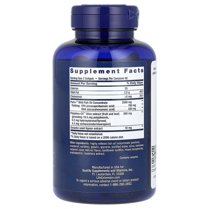 Life Extension, Super Omega-3, EPADHA Fish Oil, Sesame Lignans & Olive Extract, 120 Softgels